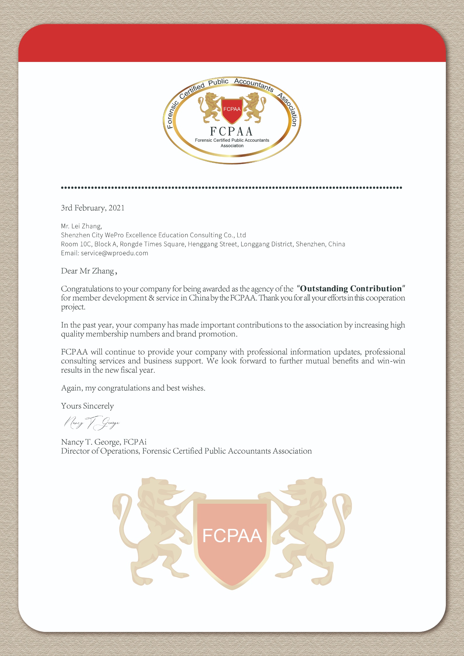 FCPAA 2020年度“突出贡献”合作伙伴